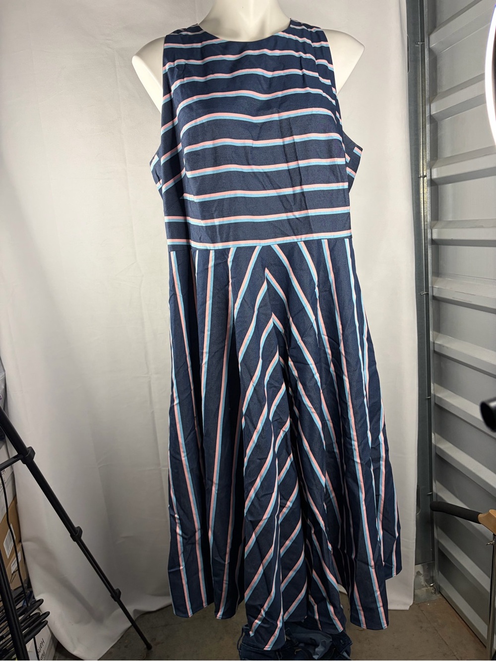 Navy Striped Sleeveless Dress with Bow